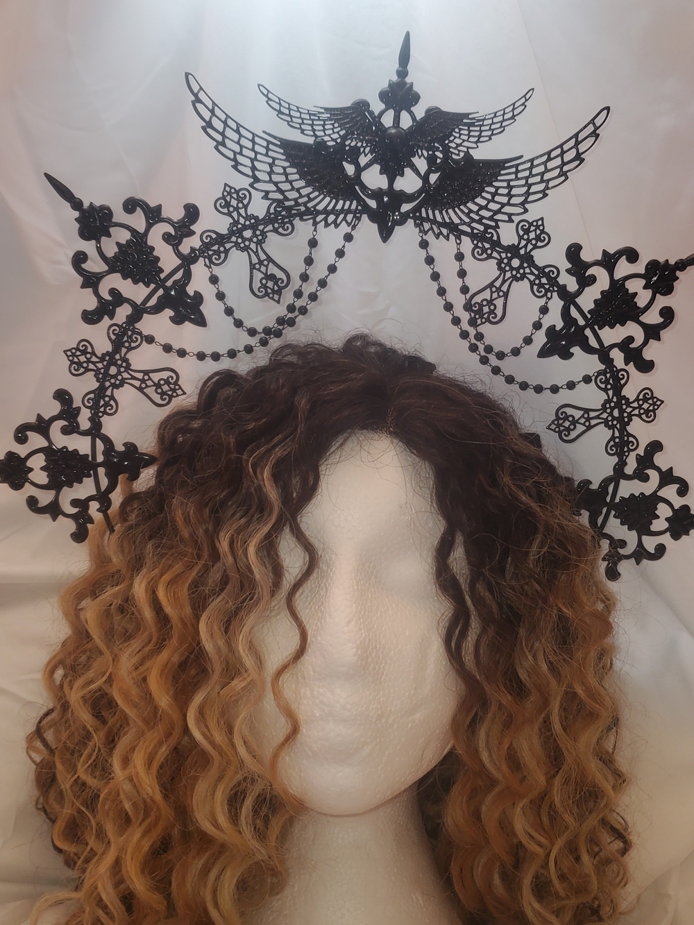 Gothic Beaded Winged Halo Crown Headpiece - Black